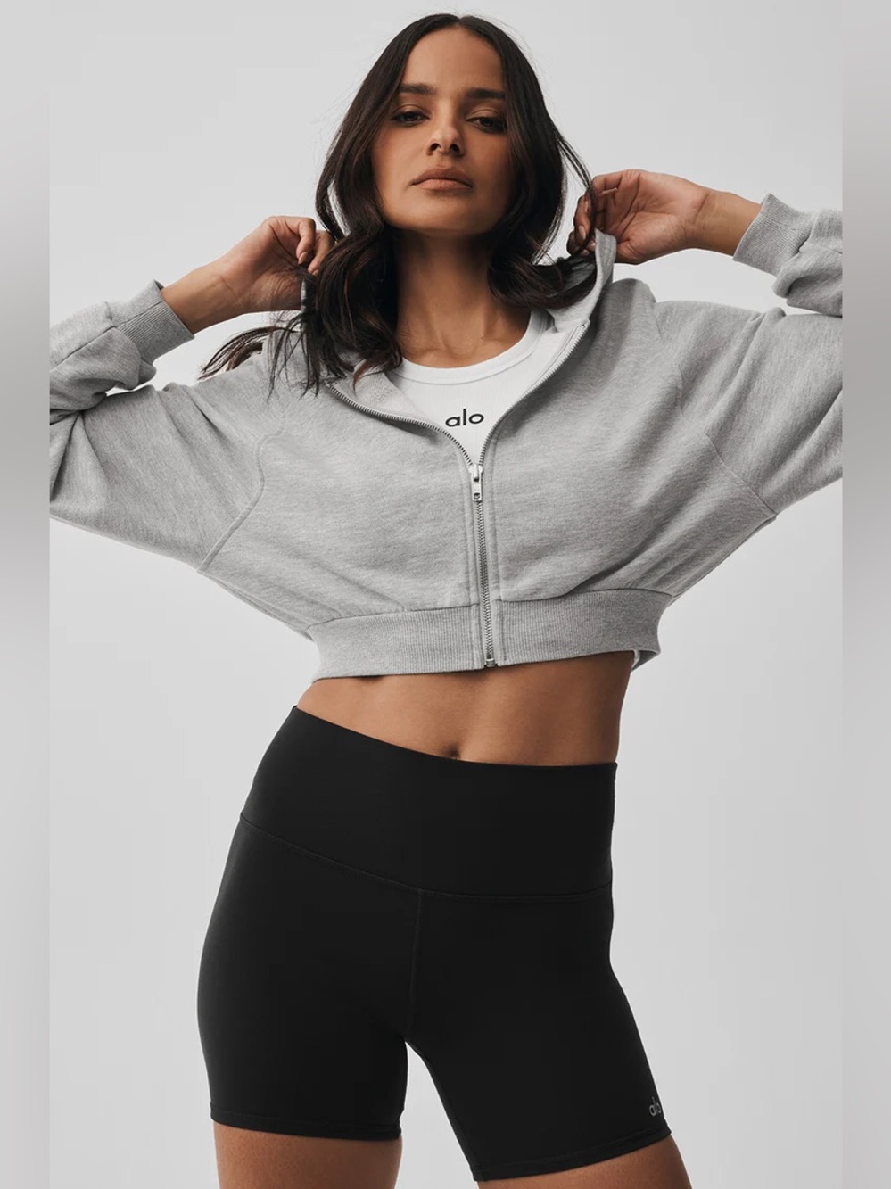 ALO Yoga Heather Gray Sweet Escape Zip Up Cropped Hoodie, Large - Picture 2 of 7